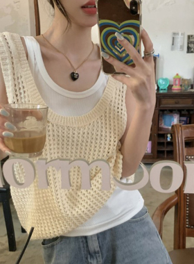 白色镂空吊带背心女夏季小个子宽松外穿坎肩两件套短款无袖上衣