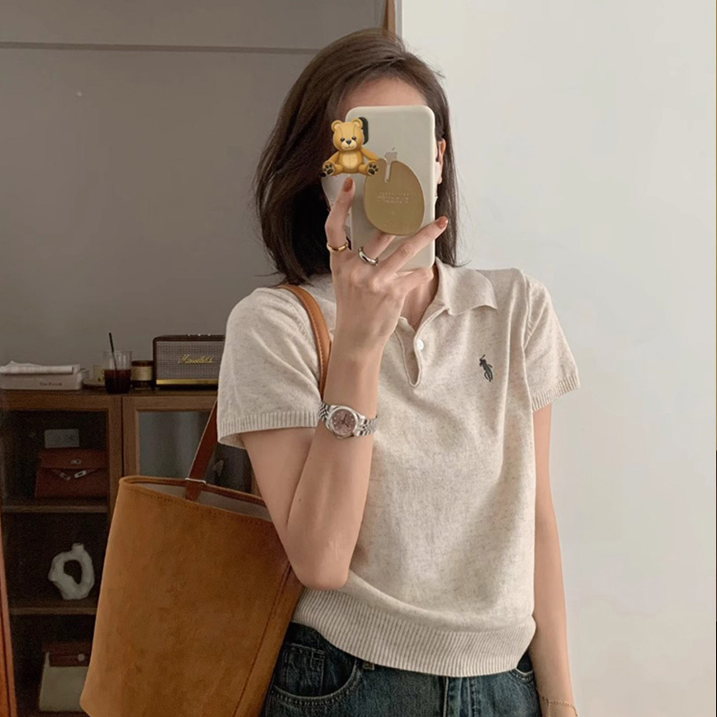 杏色刺绣polo衫短袖女夏季薄款图片
