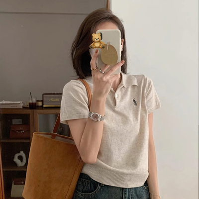 杏色刺绣polo衫短袖女夏季薄款