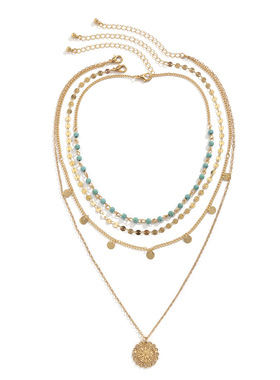 欧美跨境饰品波西米亚风 绿松石串珠锁骨项饰女花盘吊坠 气质流苏