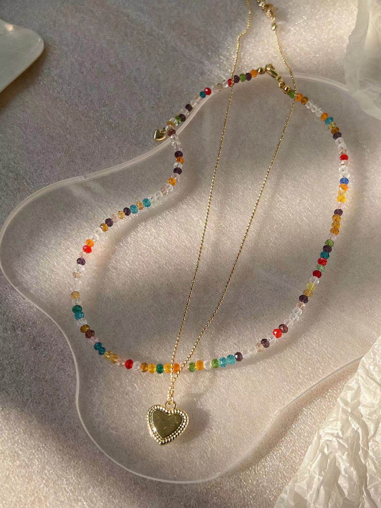 一只凝 honey 原创春夏彩虹水晶串珠爱心甜美叠戴双层锁骨链项链
