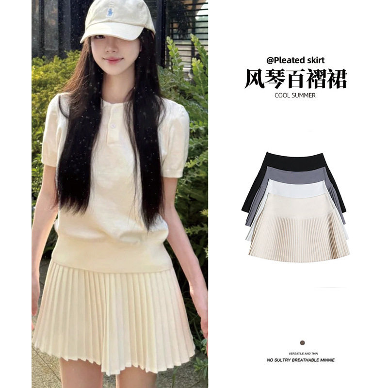 杏色风琴百褶裙女夏季2025新款高腰显瘦小个子休闲a字半身裙短裙