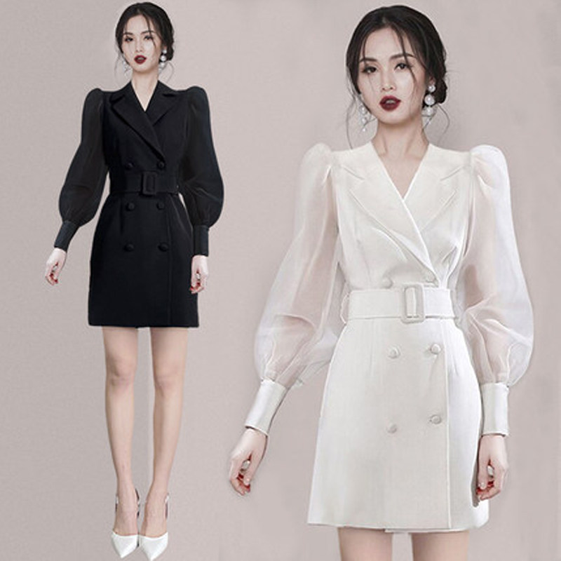 秋季长袖连衣裙女收腰包臀泡泡袖网纱拼接气质双排扣职业西服