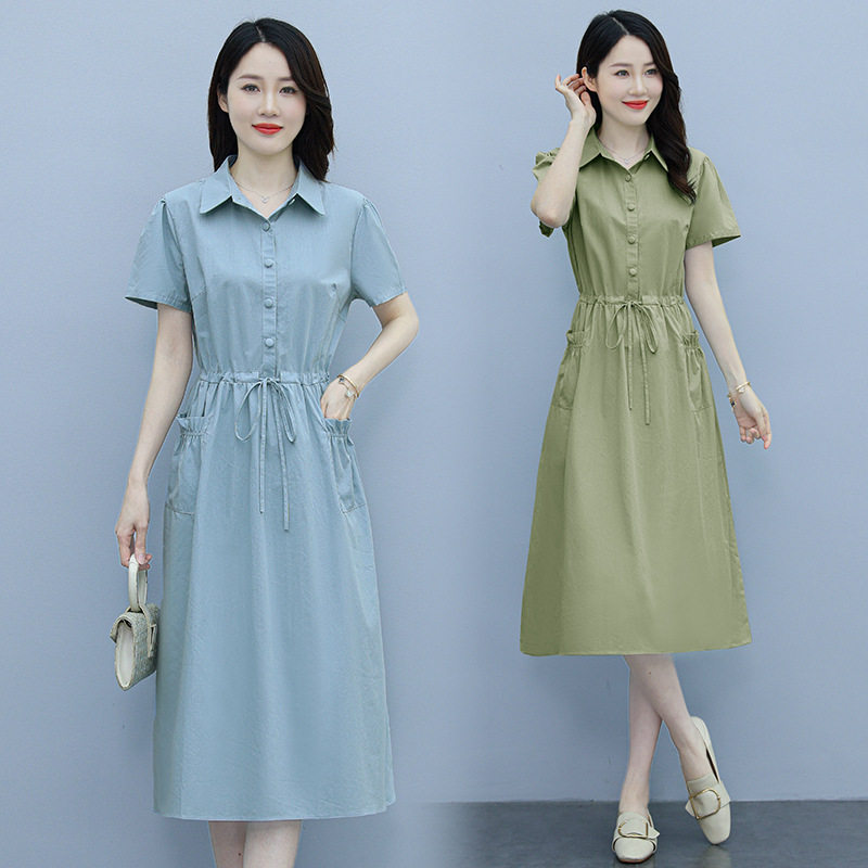 时尚短袖连衣裙女2026夏季韩版收腰显瘦气质百搭休闲裙子