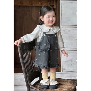 婴幼童女孩子牛仔背带裙翻领打底衫两件套2025秋季女宝宝套装