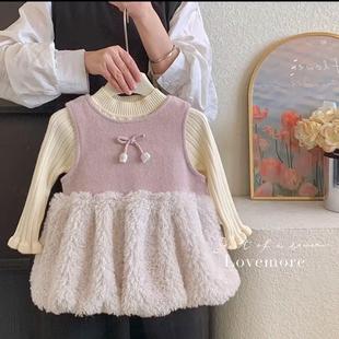 女童套装秋冬季2024新款宝宝加厚加绒保暖冬装上衣儿童裙子两件套