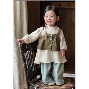 女童秋季波点马甲连衣裙韩版牛仔阔腿裤套装2025婴幼童外出服舒适