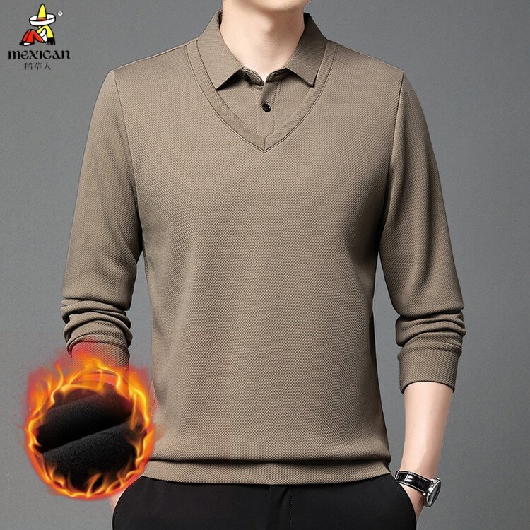 稻草人冬季加绒加厚假两件男士一体绒翻领POLO衫毛衣针织打底衫