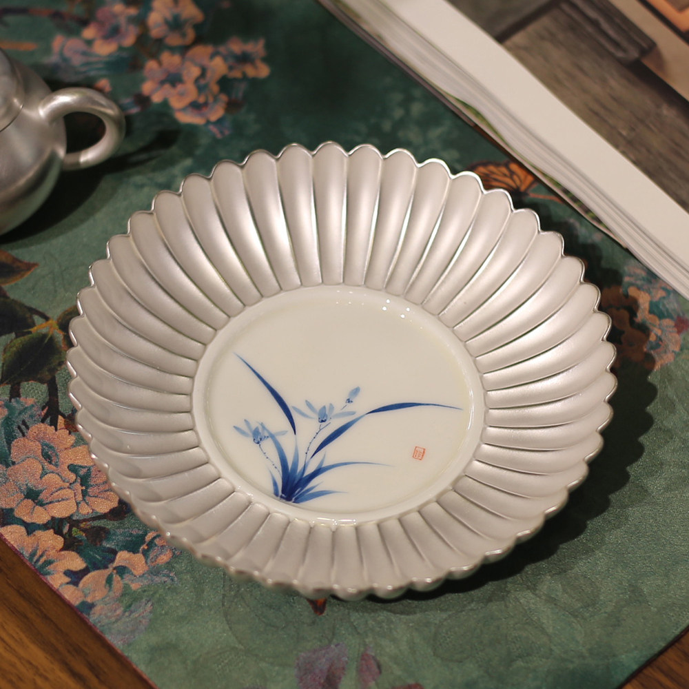 景德镇釉下彩手绘兰花菊花瓣鎏银包银壶承茶席干泡小茶台茶承托盘