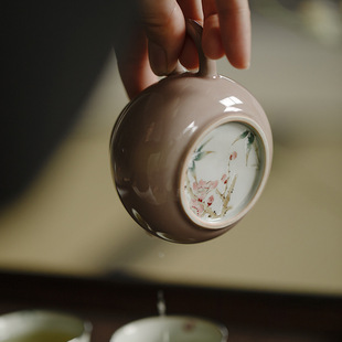 無落景德鎮(zhèn)釉下粉彩手繪踏雪尋梅粉色茶壺球孔過濾小號兩人泡茶壺