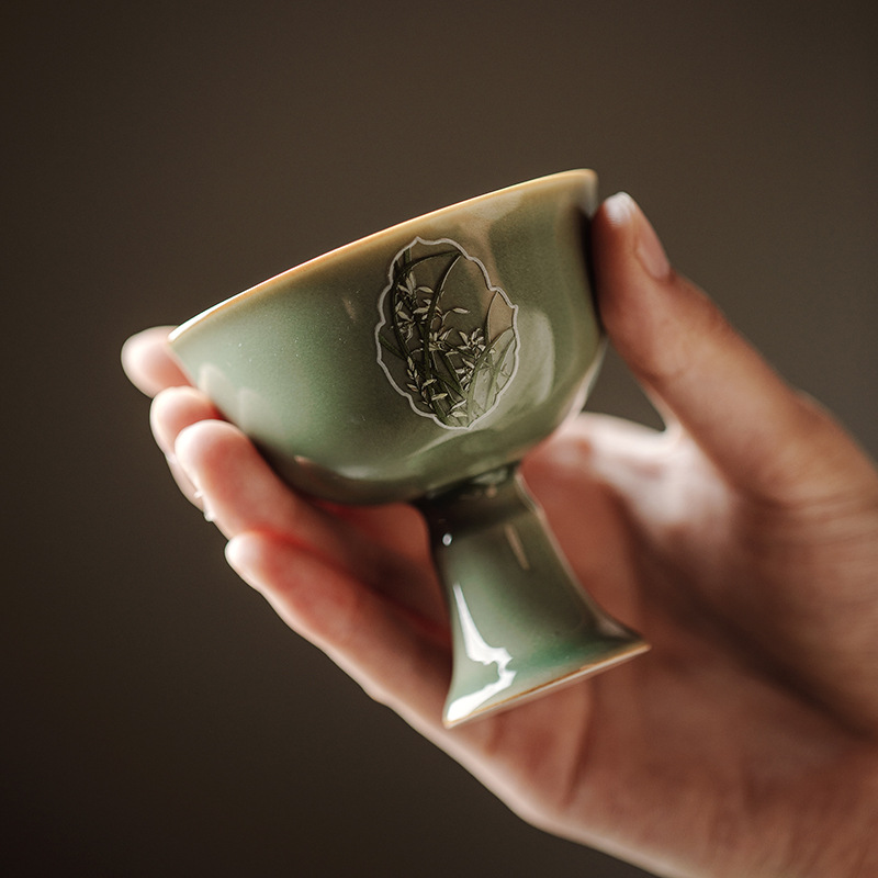 越窑青瓷宋风高足主人杯功夫茶杯单品茗杯茶具茶杯复古个人专用杯