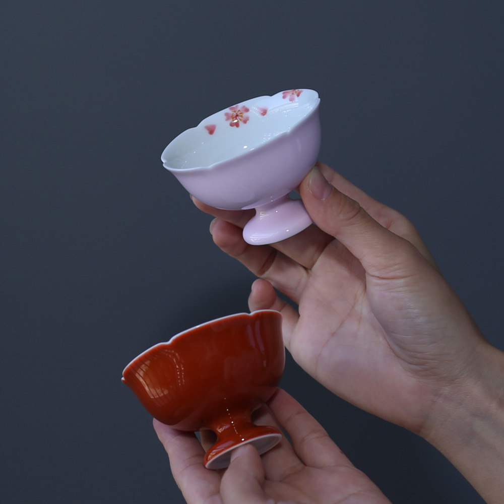 夏禾茶具釉下彩纯手绘樱花茶杯粉色高足主人杯红色桂花仿宋品茗杯