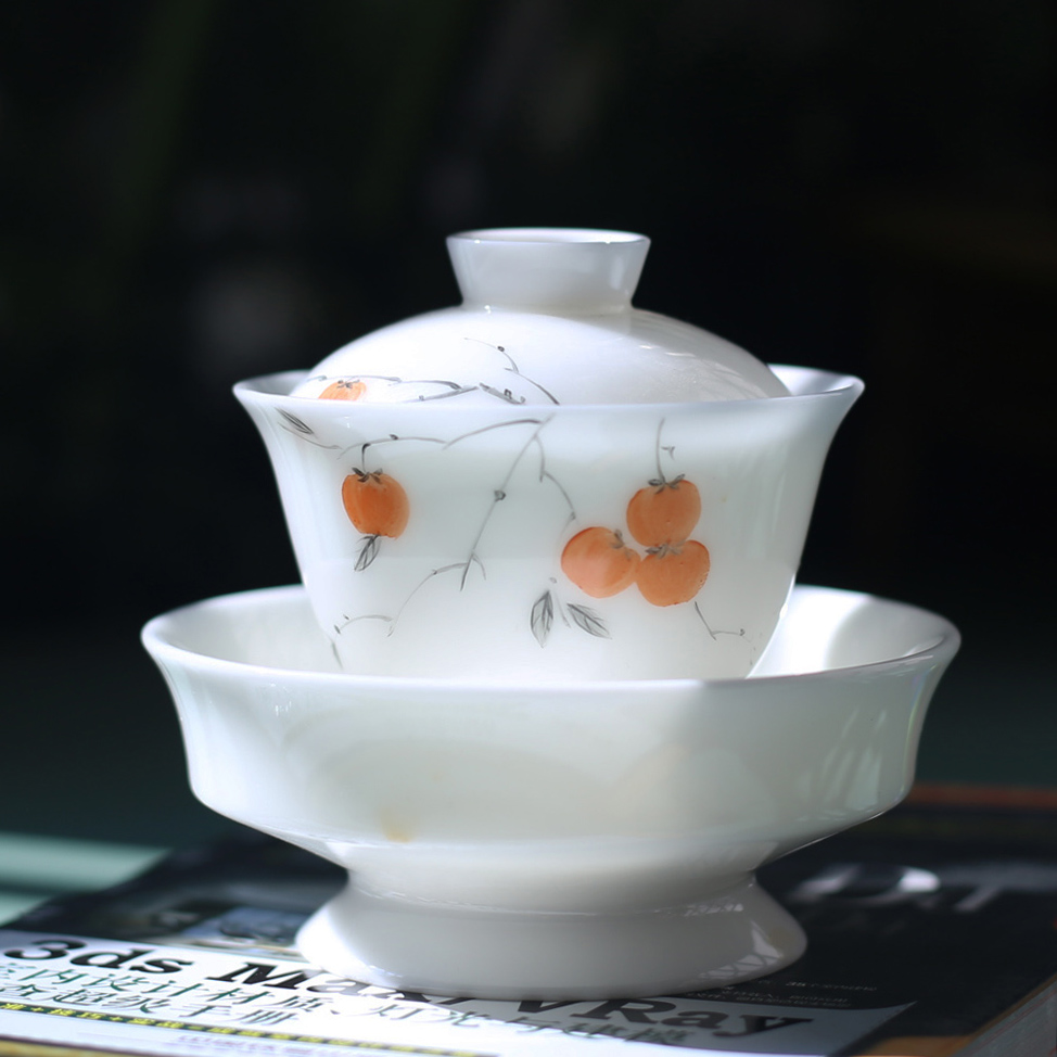 夏禾茶具冰种玉瓷手绘单盖碗纯手绘柿子小号单人茶碗120ml礼盒装