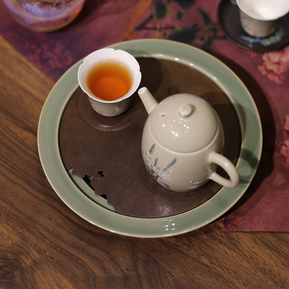 青瓷梅子青三足壶承手工仿古纯铜虫蛀小茶盘双层蓄水干泡茶台托盘