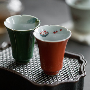 釉下彩手绘茶杯陶瓷花口品茗杯情侣对杯礼盒装伴手礼闻香茶杯主杯