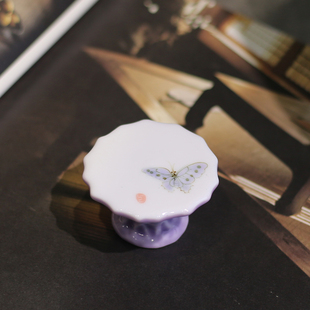 釉下彩纯手绘蝴蝶竹陶瓷盖置太湖石茶壶盖碗放置盖子小茶托茶道