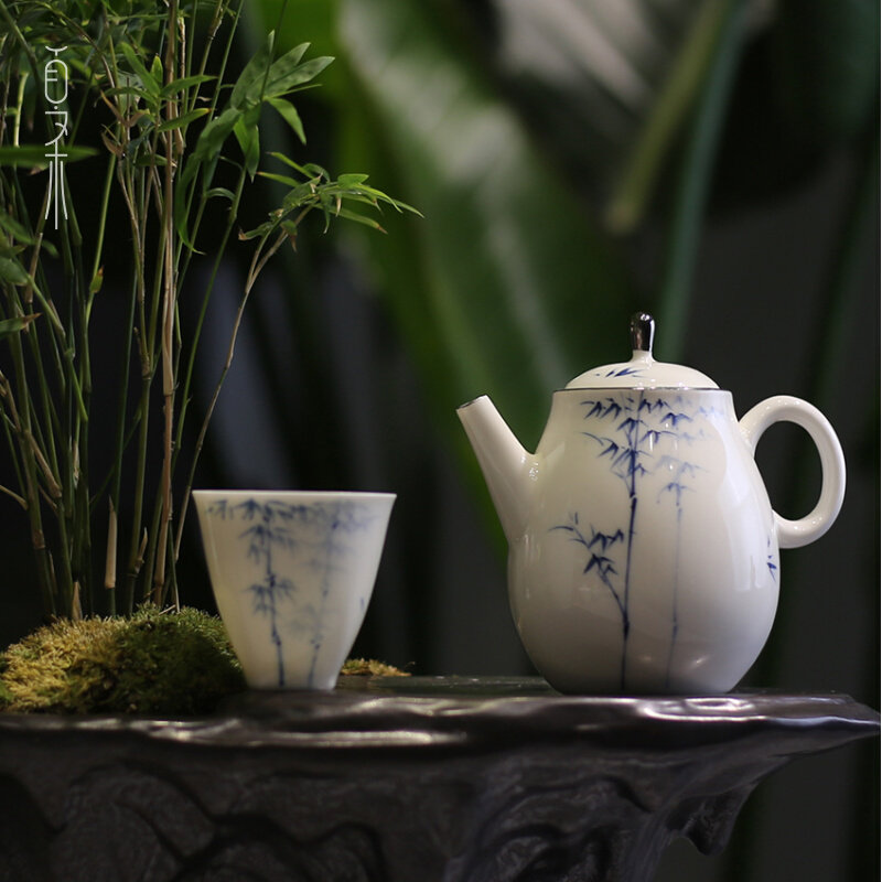 釉下彩纯手绘文竹描银边茶壶单盖碗泡茶杯青花白瓷家用茶人小品壶