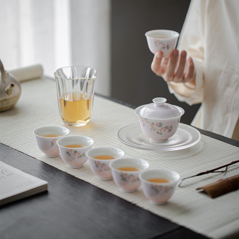 白瓷盖碗功夫茶具小清新纯手樱花