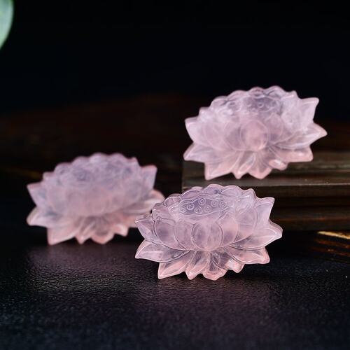 天然粉水晶莲花花朵摆件粉晶原石雕刻DIY吊坠饰品配饰