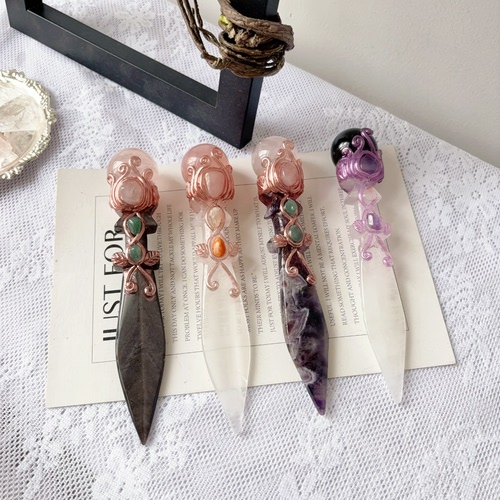 天然水晶权杖魔法棒黑曜石刀匕首摆件装饰手作DIY白水晶球银曜石
