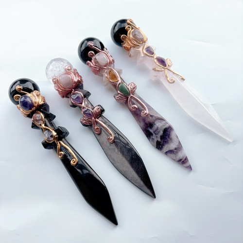 高定手作黑曜石白水晶刀权杖魔法棒摆件装饰刀匕首原创设计DIY