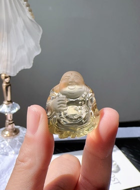天然巴西黄水晶精品透体手工雕刻佛公大肚笑弥勒佛摆件吊坠车挂