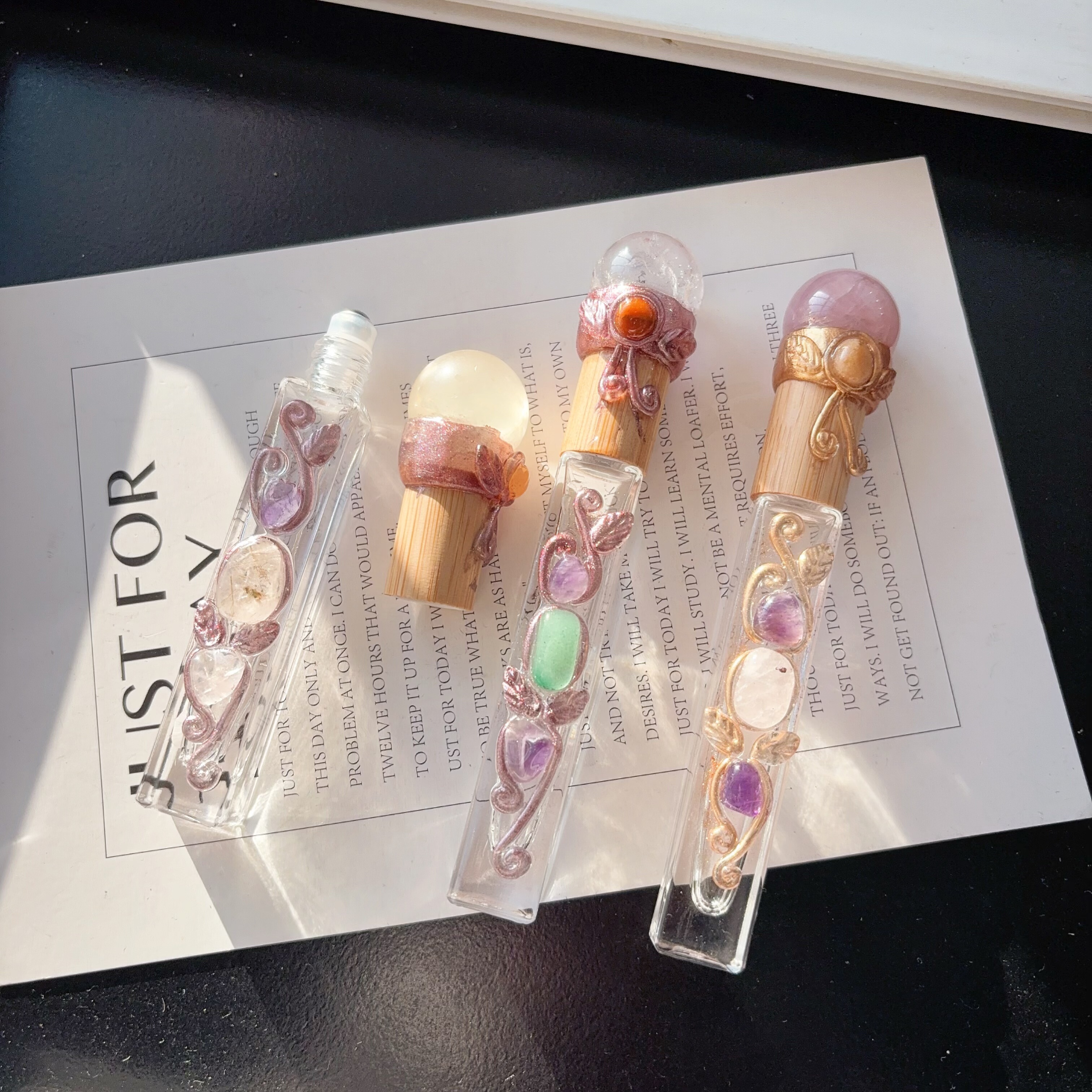 天然白粉黄水晶球手作精油香水瓶容器分装滚珠权杖魔法棒摆件装饰