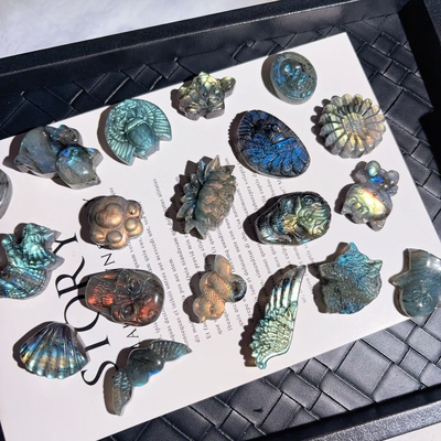 天然水晶拉长石精雕摆件把玩吊牌项链车挂跨境宝石莲花海龟蛇头骨