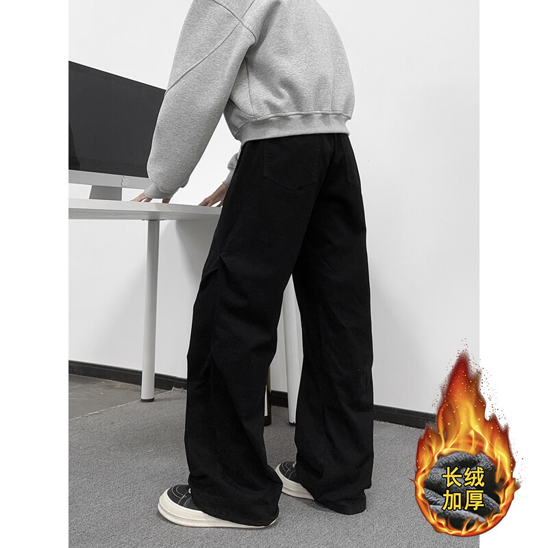 B221 美式ins高街暗黑斜切加绒洗褪工装牛仔裤LK25602