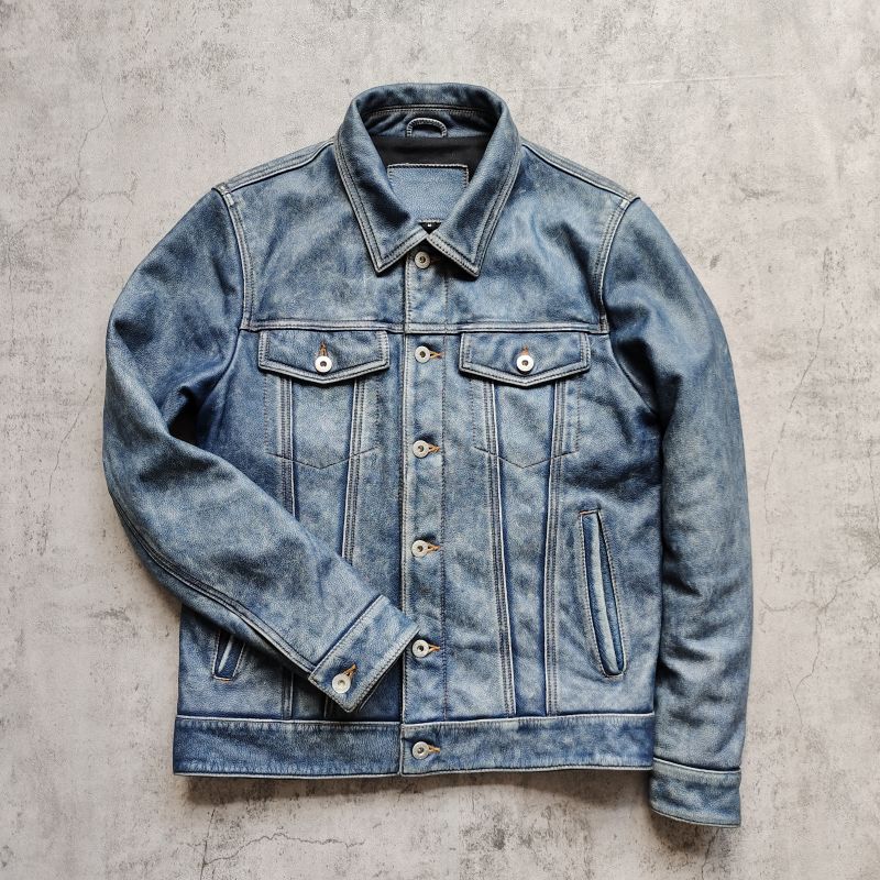 石磨做旧牛仔皮衣翻领真皮夹克