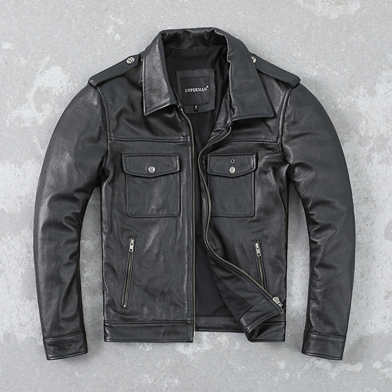 翻领潮流真皮青年多口袋真皮皮衣