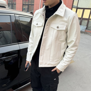春秋外套 真皮皮衣帅气白色皮夹克头层牛皮机车服507工装 爆款 男士