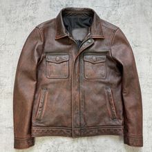 头层牛皮复古做旧真皮皮衣男短款修身机车夹克大码翻领男装特价