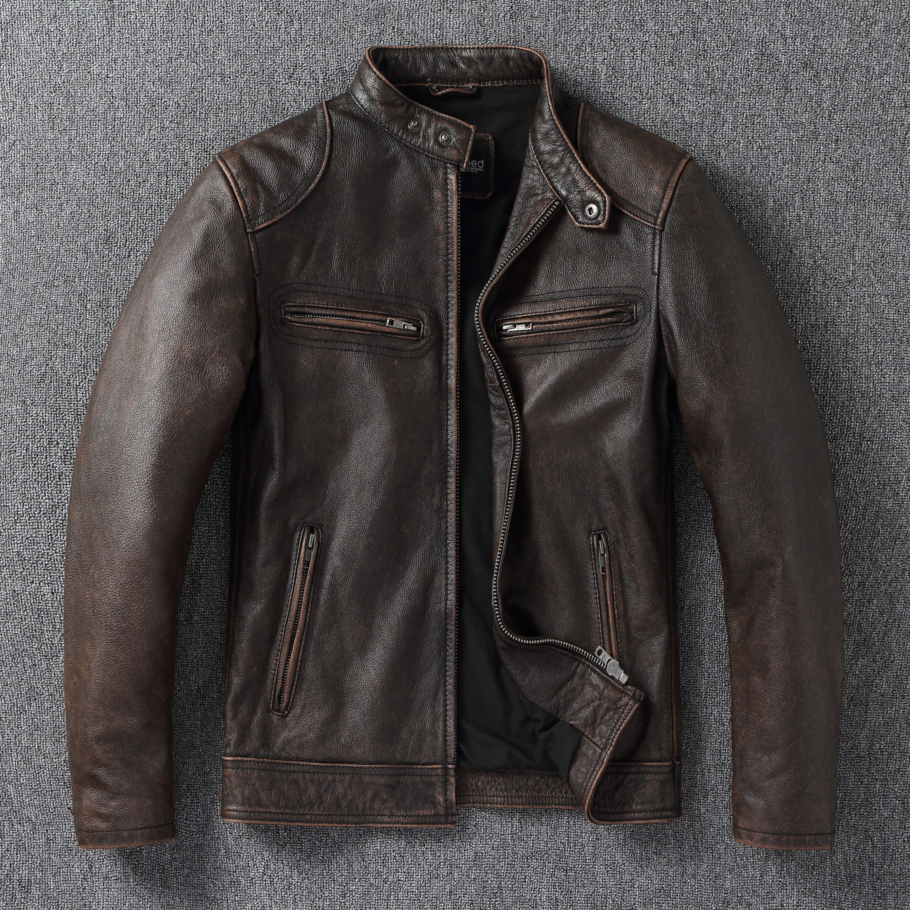 甄子丹复古真皮皮衣男修身短款皮夹克石磨做旧纯皮休闲外套秋冬款