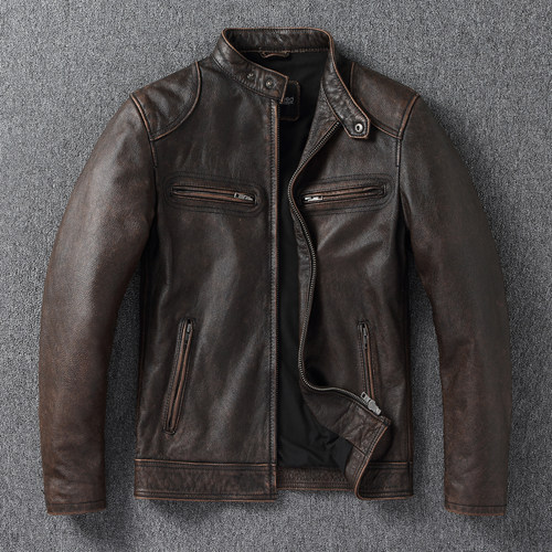 甄子丹复古真皮皮衣男修身短款皮夹克石磨做旧纯皮休闲外套秋冬款