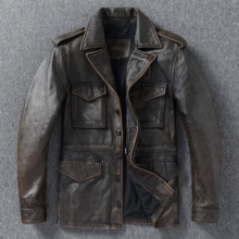 美式经典M43风衣头层牛皮军旅猎装皮夹克中长款多口袋真皮皮衣男