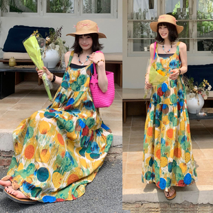 原创~仲夏之梦/艺术油画吊带长裙女夏宽松复古显瘦棉麻大摆连衣裙