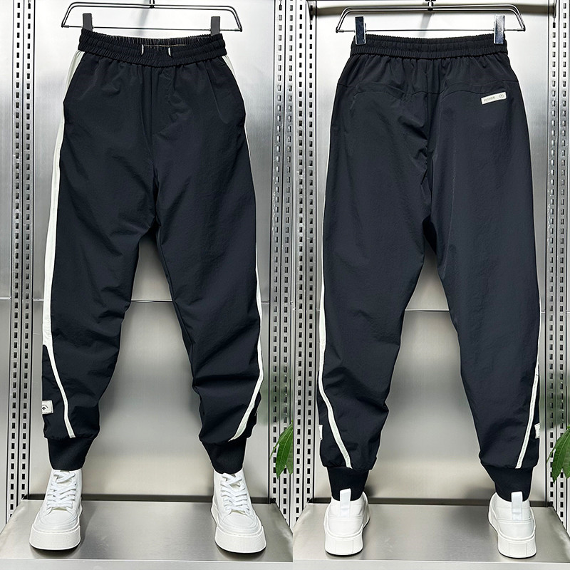 夏季薄款男士条纹休闲裤潮牌速干撞色运动裤百搭修身小脚透气长裤