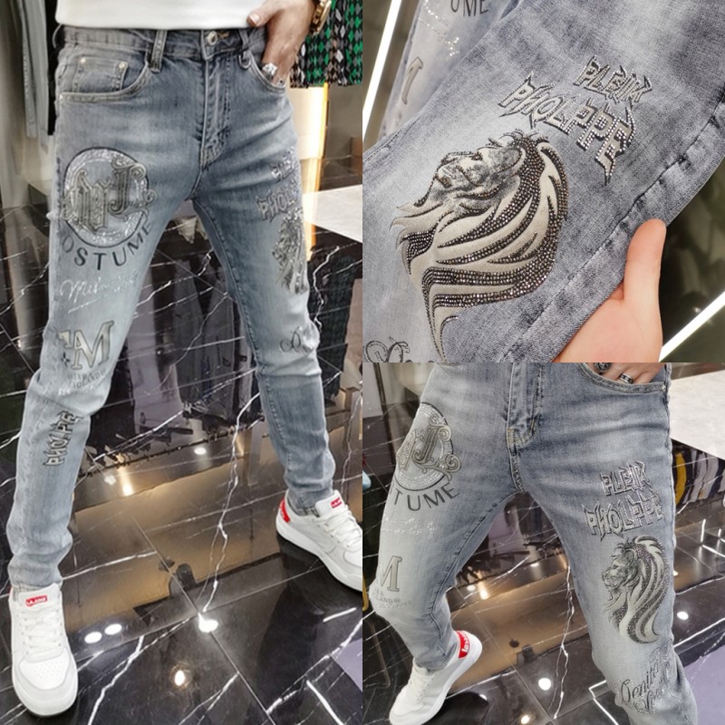 弹力印花牛仔裤修身小脚