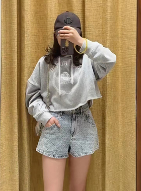 M 春秋法式潮线灰色字母刺绣连帽衫短款休闲少女卫衣