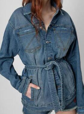 法式设计后背人像印花 腰间系带 双口袋 深蓝色牛仔外套