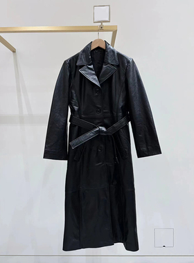 亏清法式2025秋冬新潮牌黑色机车西装领束腰带长款女士皮大衣风衣