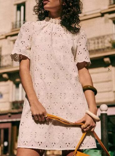 捡漏外贸单 法式尾货SE镂空蕾丝荷叶边立领短袖修身连衣裙