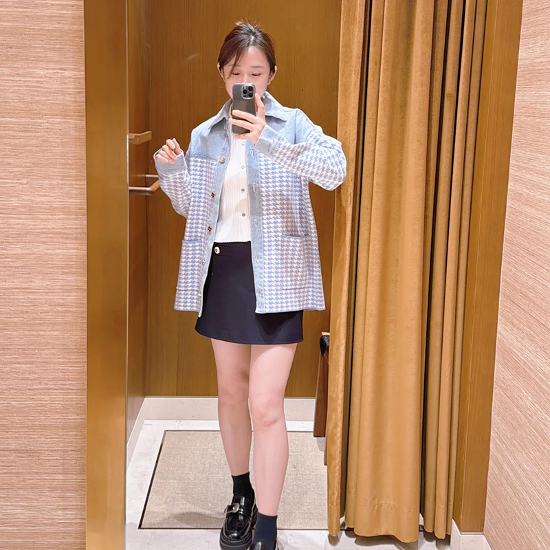 长袖法式小众千鸟格单排扣