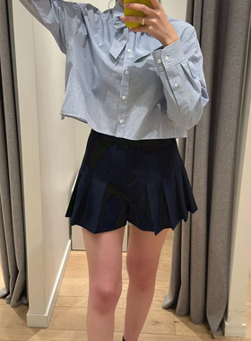 法式小众 2025早秋系带蝴蝶结长袖浅蓝色小格子POLO领短衬衫