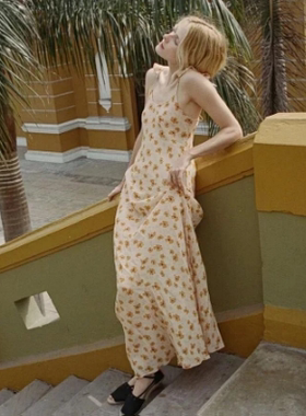 亏清客供面料美式DO夏季假日黄花印花女生背带露背及地长裙粘胶