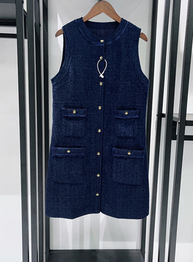 法式小众 2025秋冬名媛小香风深蓝色粗花呢无袖多口袋女士连衣裙