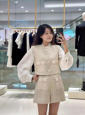 法式小众 2025早春鹅黄色花呢粉扣格纹圆领无袖马甲短裤套装