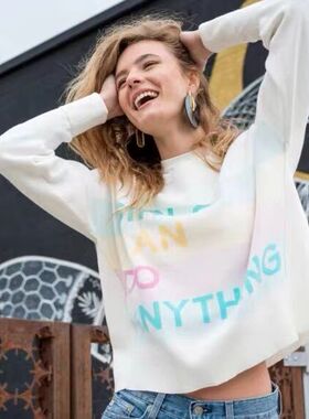 亏到尘埃.档口尾货100%棉彩色字母印花欧美街头风圆领针织毛衣