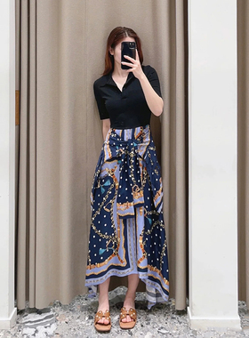 24早秋设计感黑色拼接印花长裙V领波点不规则长裙女